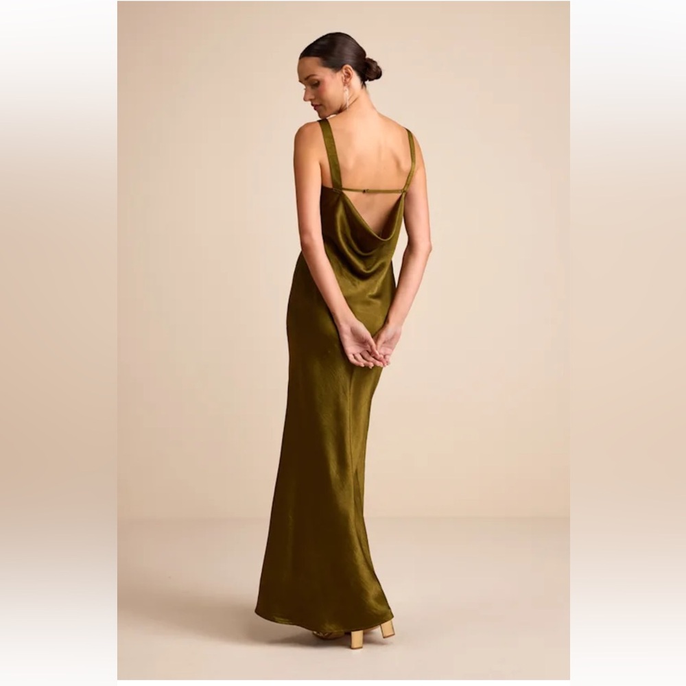 Lulus Janita Olive Satin Sleeveless Cowl Back Maxi Dress Green - Size XS - Picture 3 of 5